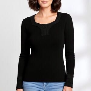 00s PRANA Vintage Black Ribbed Square Neck Embroidered Top